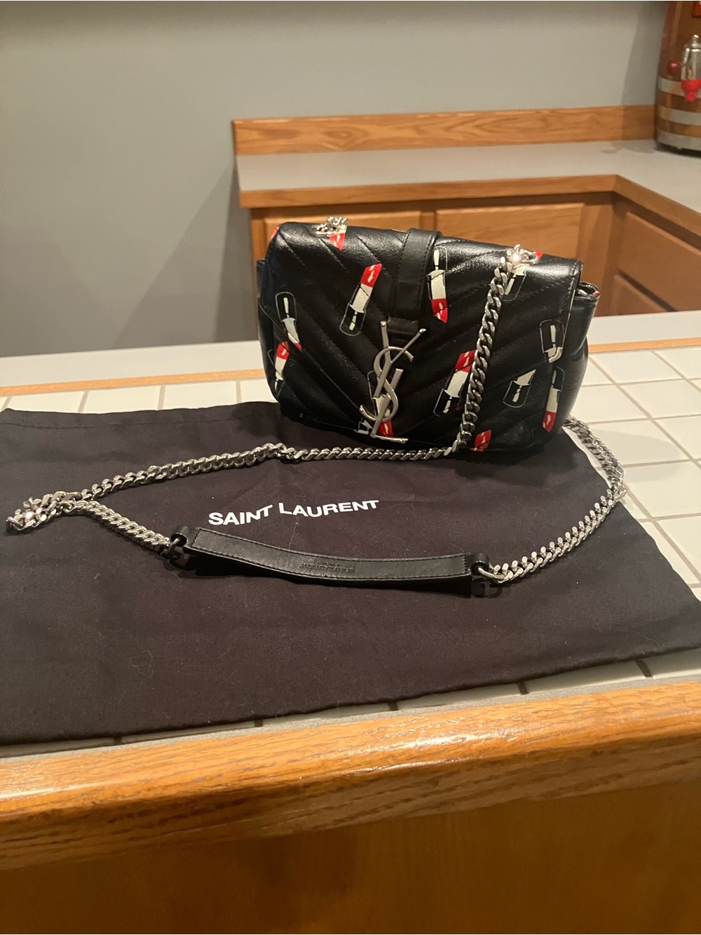 Saint Laurent Black Quilted Lipstick Motif wallet on a chain LIMITED EDTION
